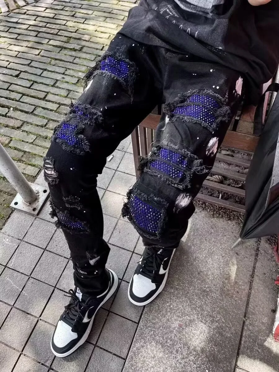Trendy Men's Black Hole Denim Jeans Blue Rhinestone Heavyweight Casual Long Pants Fashionable Slim Fit Straight Leg Jeans
