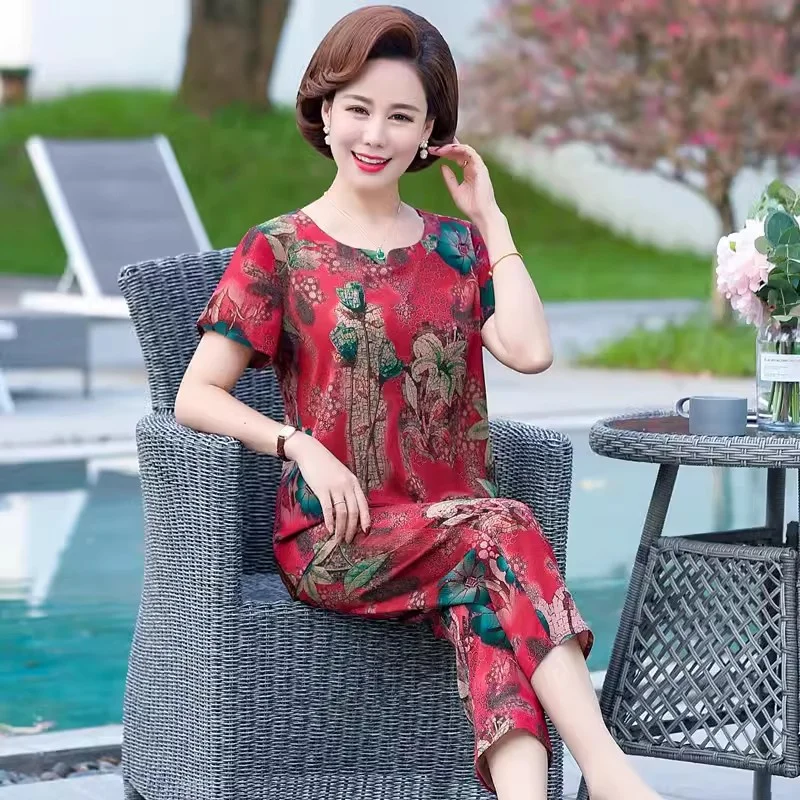 Mom's Summer Suits Outfit Ice Silk Two-Piece Set For Mid-Aged And Elderly Women Fashion Pant Sets Women's Summer Grandmother Set