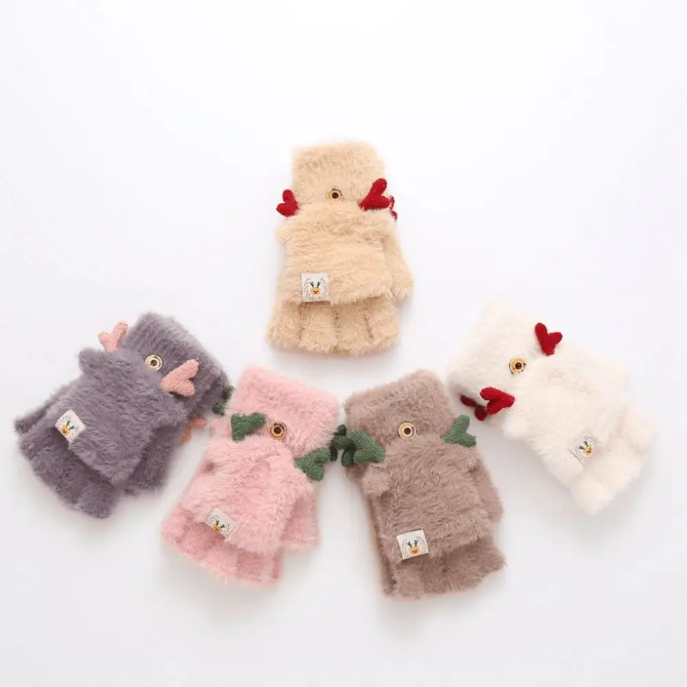 Cute Warm Women Autumn And Winter Elastic Antlers Female Gloves Flip Mittens Half-finger Gloves Christmas Wool Mittens