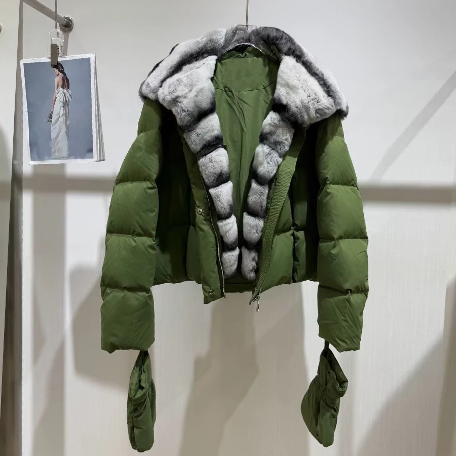 

Hooded Fur Goose Down Jackets With Gloves Chinchilla Fur Coat Women's Winter Jacket Luxury Real Rabbit Fur Jacket