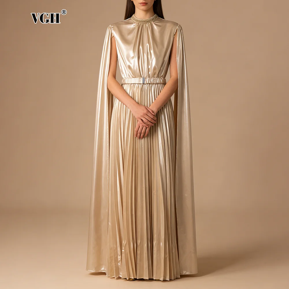 

Элегантное вечернее платье VGH цвета шампань с блеском для женщин, с высоким воротом, расшитое бисером, с рукавами-накидками и плиссированной юбкой для торжественных ужинов