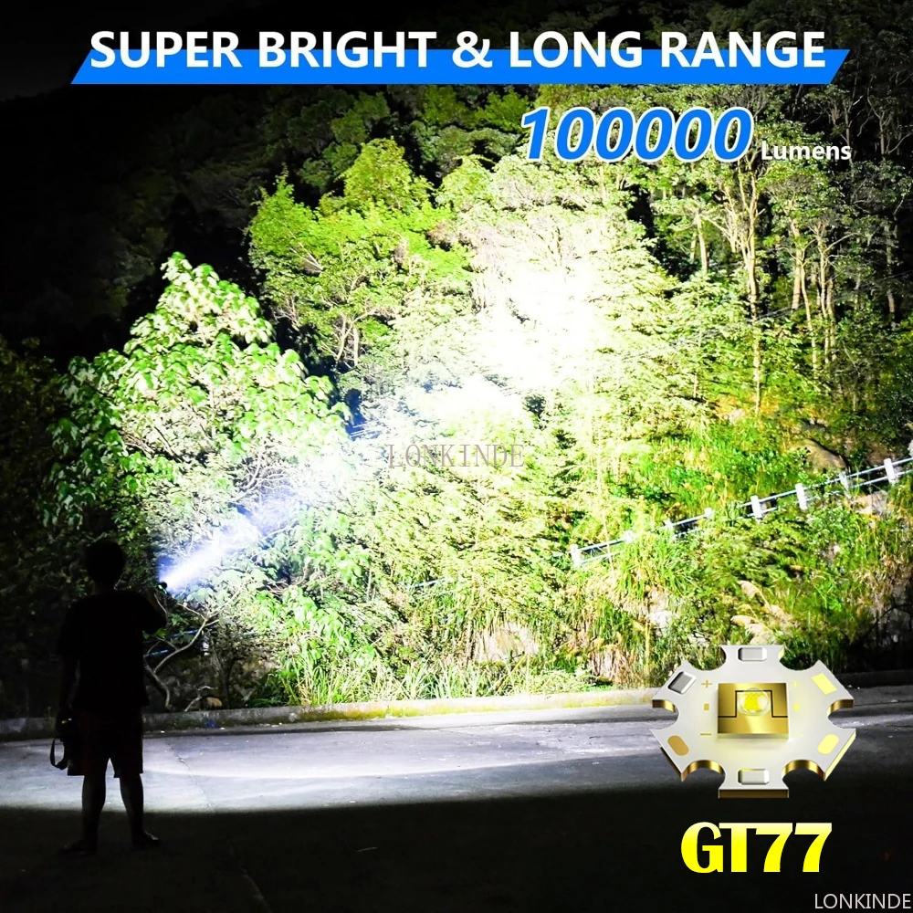 Super Long Range 1500m Tactical Torch High Power 80W LED Flashlight USB Rechargeable Strong Light Lamp Outdoor Portable Lantern