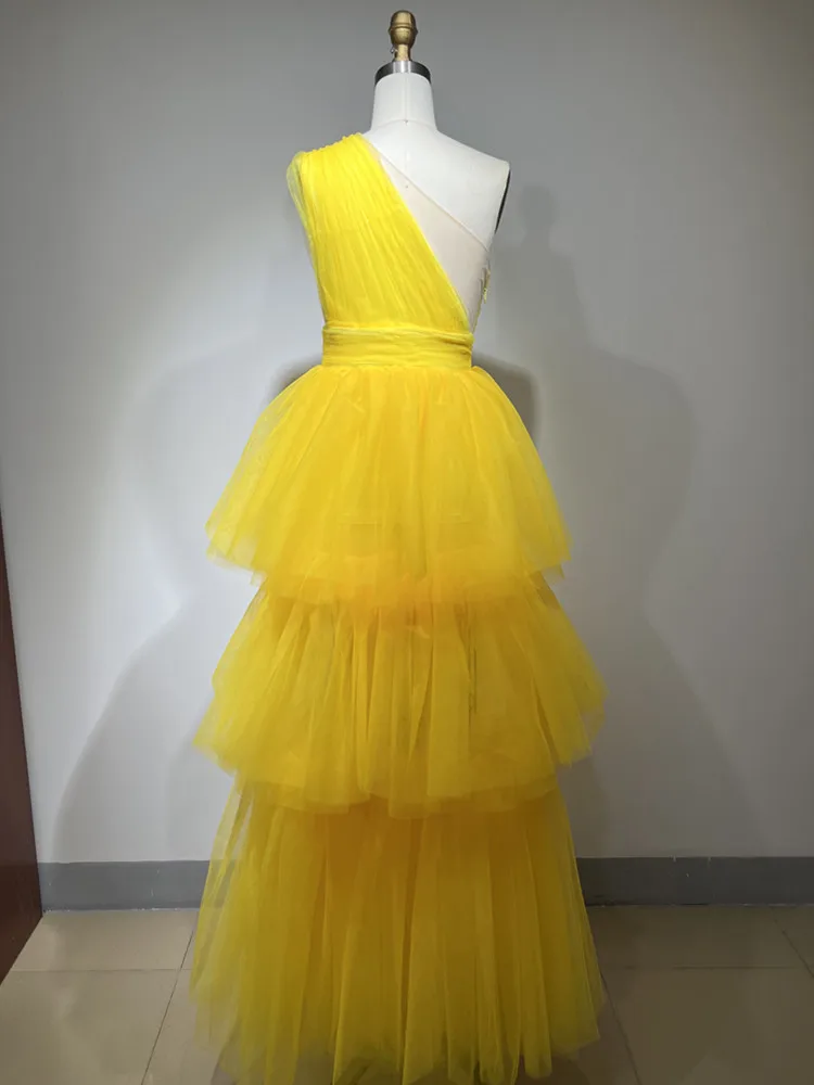 Runway Summer  2023 Women Sexy Ruffles Mesh Pleated Yellow Maxi Long Bodycon Gowns Dress Elegant Evening Party Club Dress