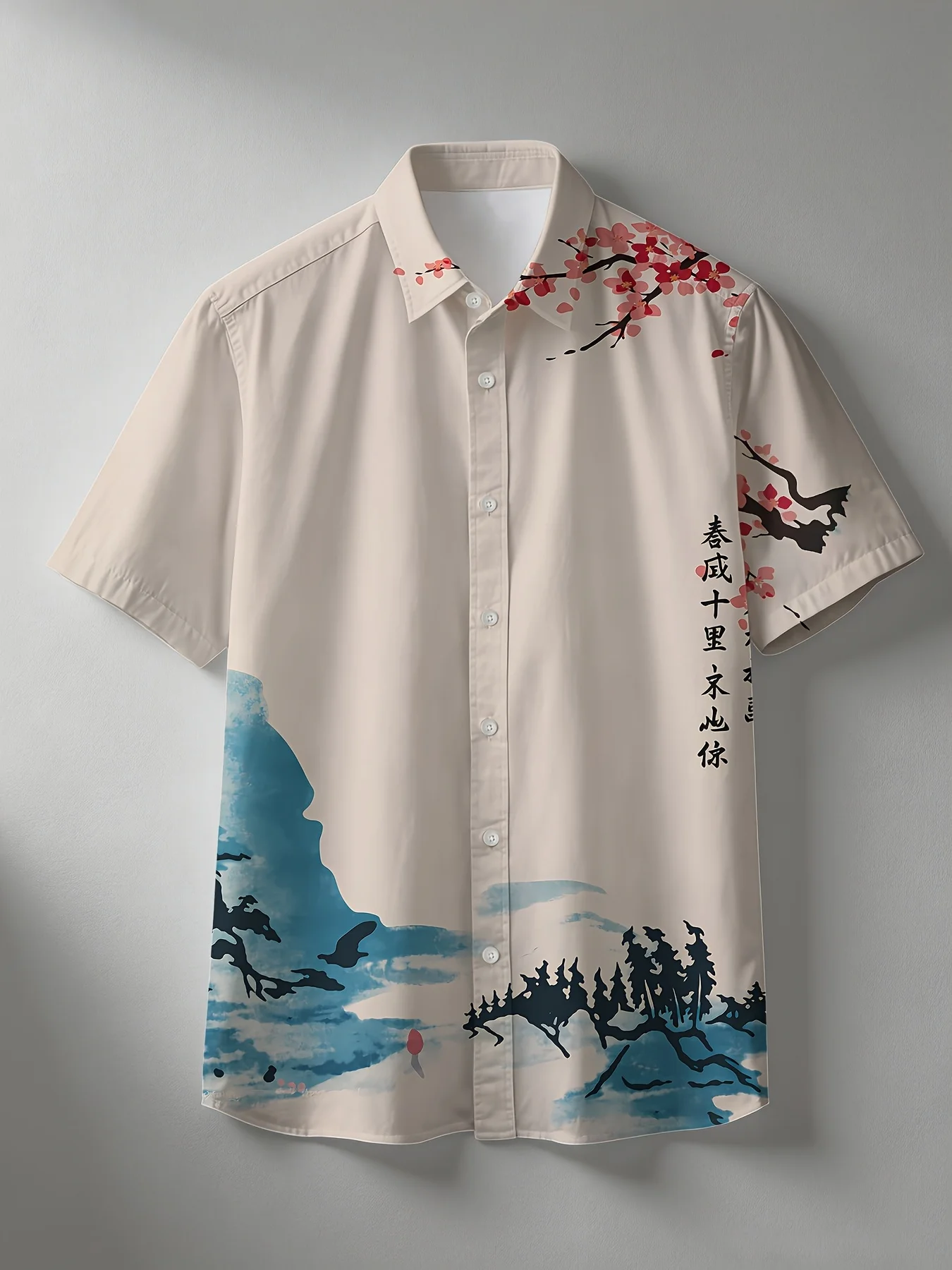 Men'S Short Sleeve Shirt Mountain Landscape Calligraphy Printed Loose Casual Lapel Tops Men Clothes