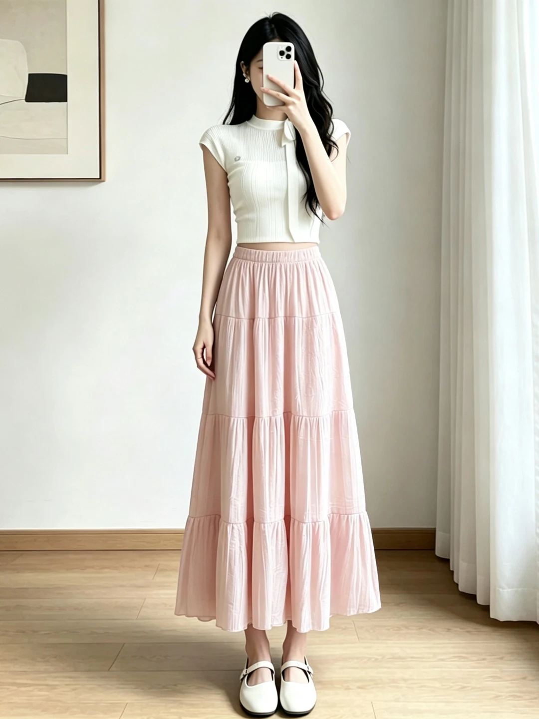 

High Waist Ice Silk Chiffon Skirt Women's Summer New Style A-Line Pleated Long Skirt Slimming Hip Covering Korean Style Commute