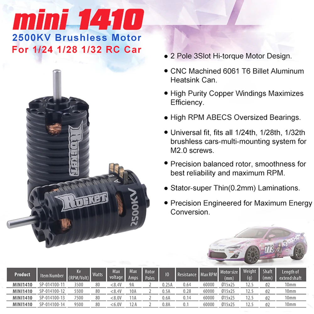 Rocket MINI RC Brushless Motor ESC Combo for Kyosho Mr03 Pro Atomic DRZ 1/24 1/28 1/32