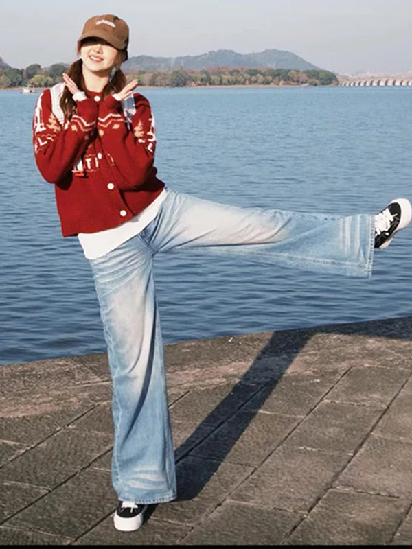 

Американские ретро-джинсы с высокой талией и широкими штанинами, женские, зимние, новые, свободного прямого кроя, длиной в пол