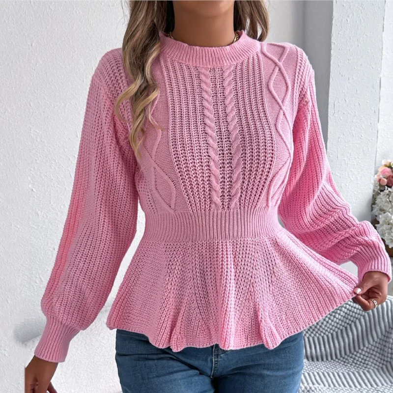 

Women's knitting blouse Autumn and winter Fried Dough Twists waistband ruffle long sleeve pullover sweater women's clothing