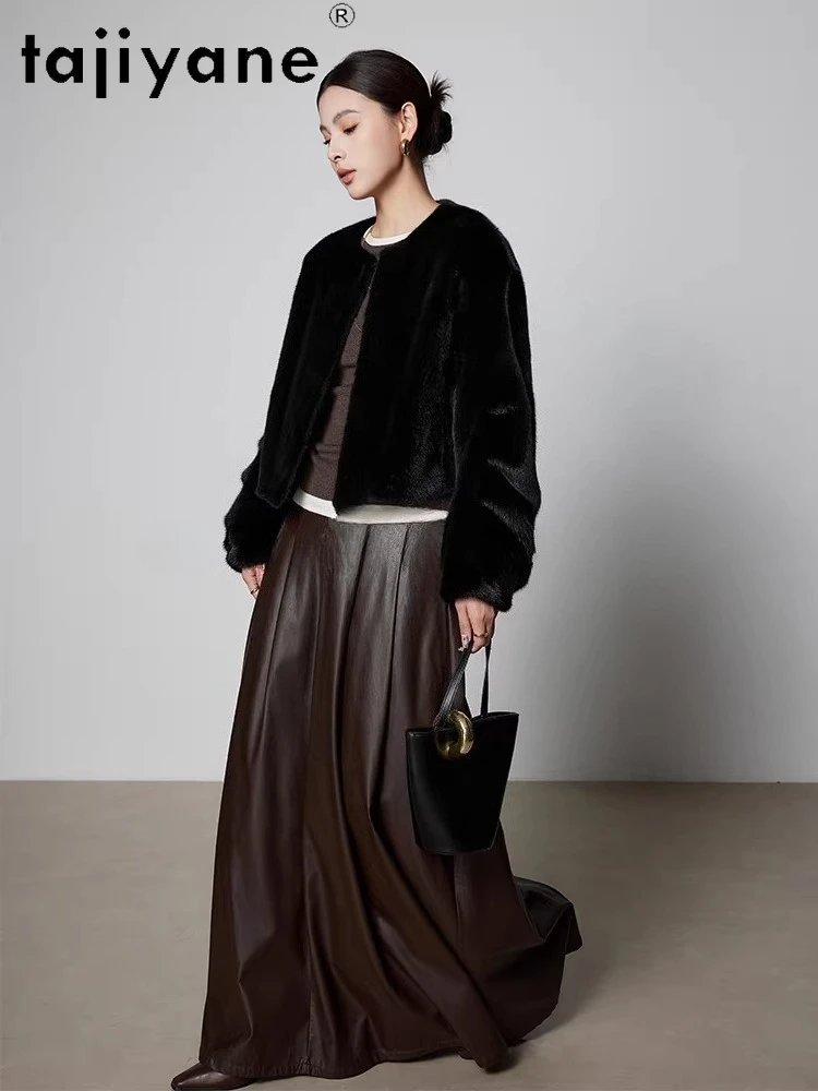เสื้อแจ็คเก็ตขนมิงค์แท้ 100% จาก TAJIYANE สำหรับผู้หญิง หรูหรา สีดำ แบบสั้น เสื้อโค้ทขนมิงค์แท้สำหรับฤดูหนาว เสื้อผ้าผู้หญิง 2025