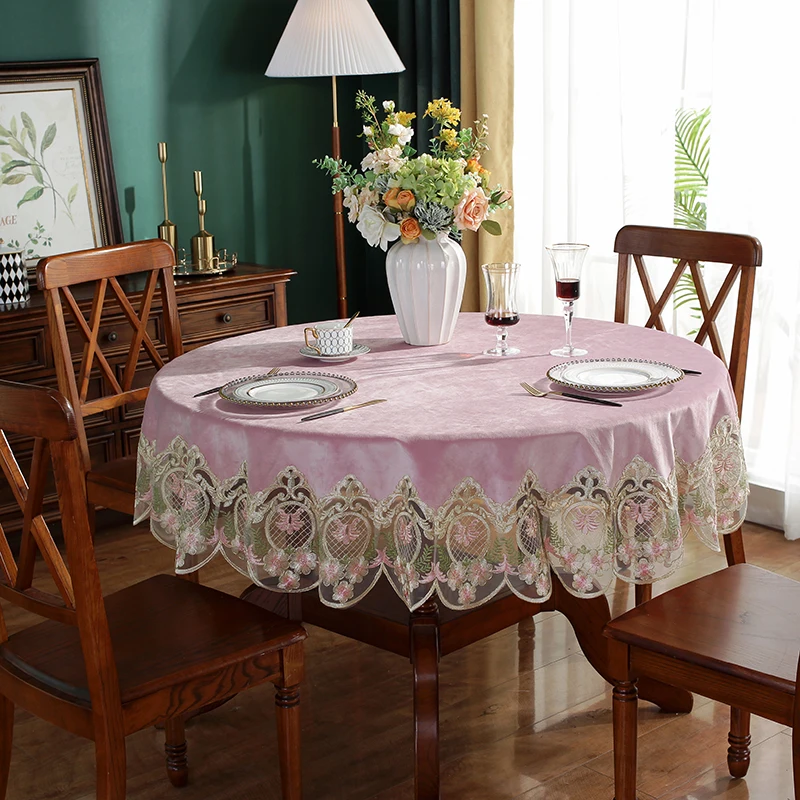 Round Table cloth Pink Golden Velvet Table Cover Dining TableCloth Home Embroidery Lace TableCloths Soft House Towel Dust Cover