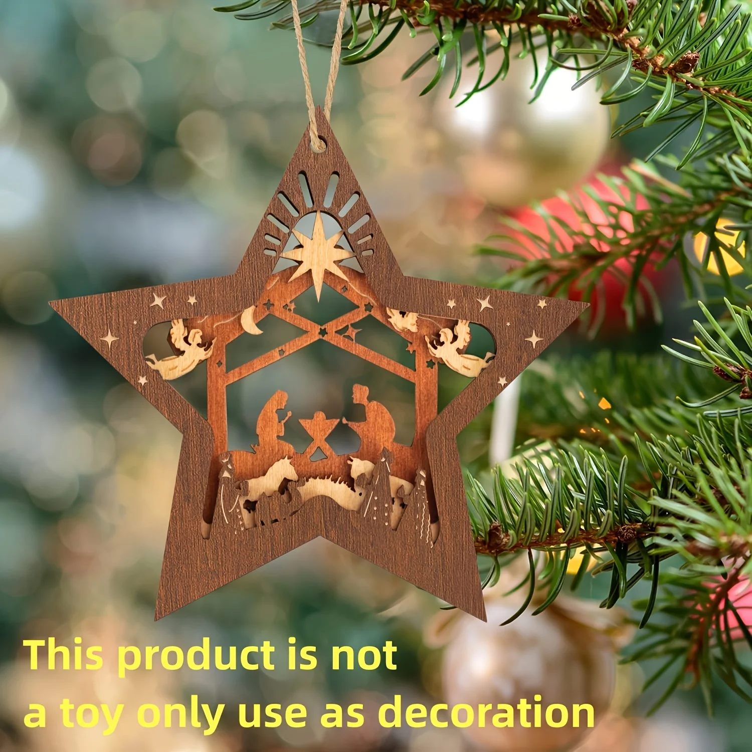Krippenszene, Weihnachtsbaum-Hängeornament, hölzerne sternförmige Partydekoration mit der Geburt Jesu, religiöse Weihnachten