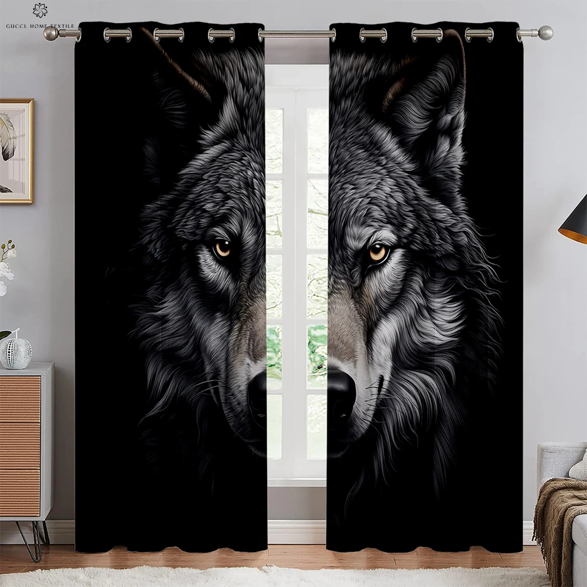 Heat Insulation Window Blackout Curtains, Animal Wolf, Starry Sky Print, Bedroom, Living Room, Kitchen Decoration