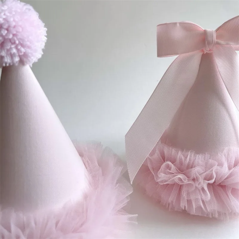 2 Stück rosa Spitzen-Schleifen-Geburtstagsparty-Hüte im koreanischen Stil, romantisch, für Frauen und Mädchen, Party-Dekoration, Foto-Requisiten – Detail 2