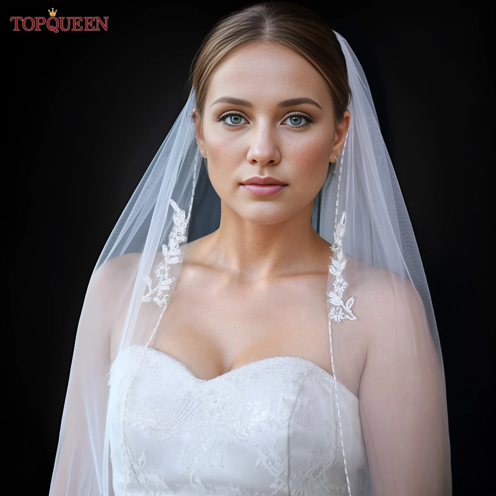 TOPQUEEN-حجاب زفاف من التول الناعم ، حافة كريستال أنيقة ، إكسسوارات زفاف ، فيلوس كريستيانوس دي إيغليسيا ، V242