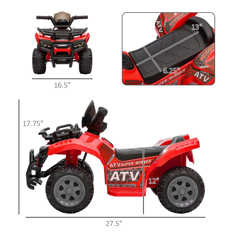 Coche de cuatro ruedas ATV para niños, motocicleta con batería de 6 V y música para 18-36 meses, rojo