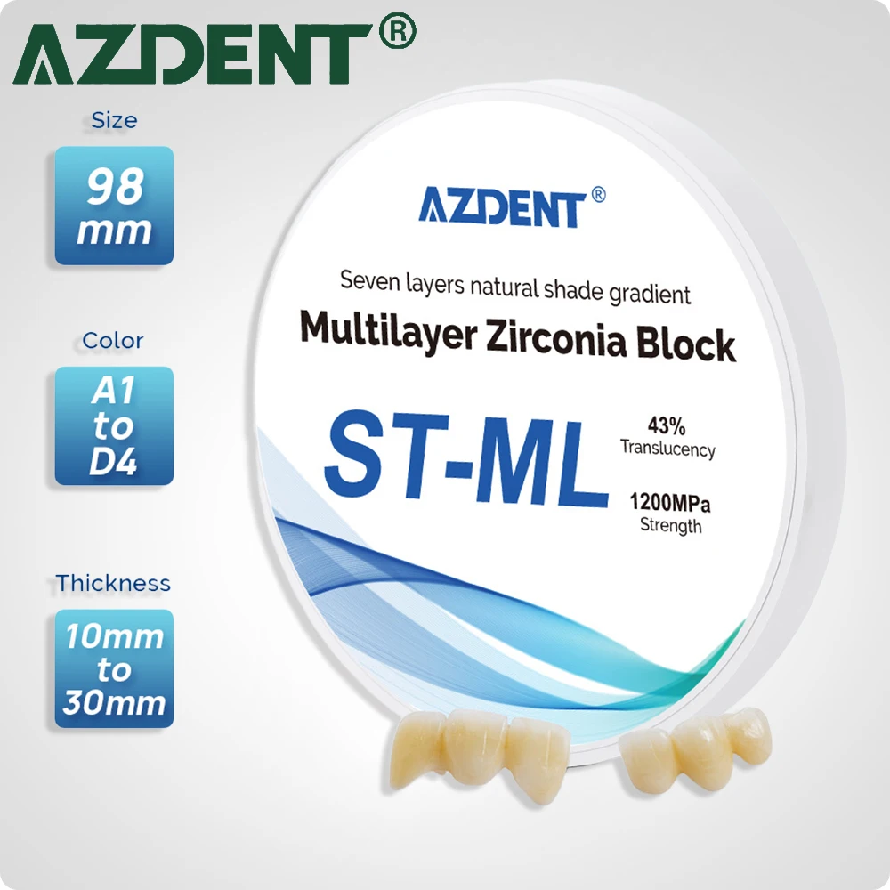 Azdent Dental ST-ML Multilayer Zirconia Blocks Functional Dental Lab Material 98mm System CAD CAM Seven Layers Dentistry Tools