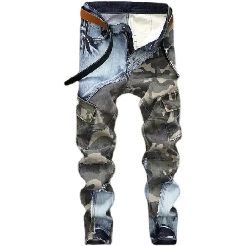 Männer Patchwork Jeans Mode Retro Slim Fit Elastische Bleistift Hosen Männliche Denim Camouflage Cowboy Hosen Lange Hosen