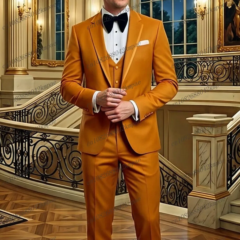 New Dark Gold Formal Men Suit Groom Groomsman Wedding Party Prom Business Male Tuxedos 3 Piece Set Blazer Vest Pants
