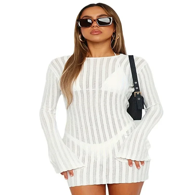 Women's Solid Color Sexy Long Sleeved Lace Up Perforated Sweater Dress for Autumn 2024