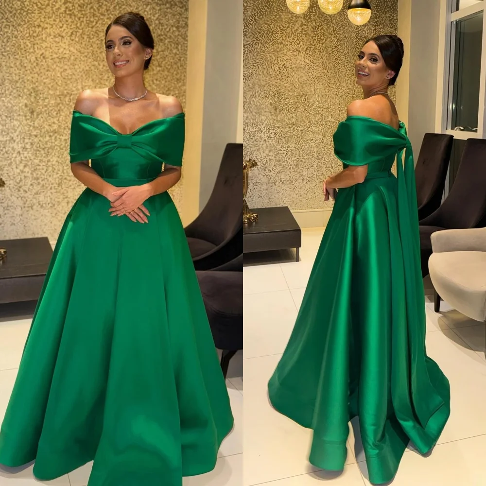 Customized   Graceful V-Neck Ribbons Off the Shoulder Evening Dress Classic Zipper Back Party Dress Modern A-Line Prom