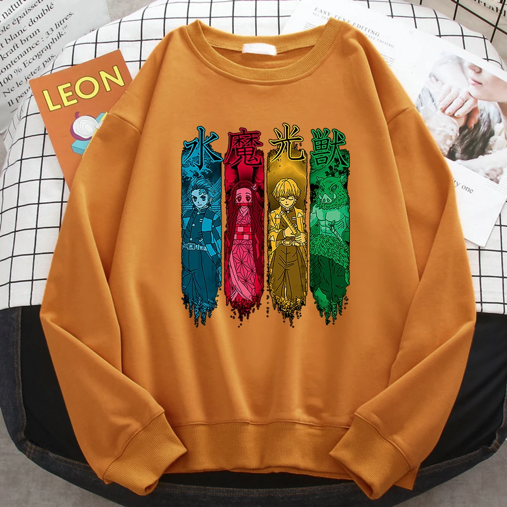 Simple Kawaii Sweatshirts For Women Japanese Anime Demon Slayer Print Hoodies Fleece Soft Pullovers Loose Crewneck Ladies Tops