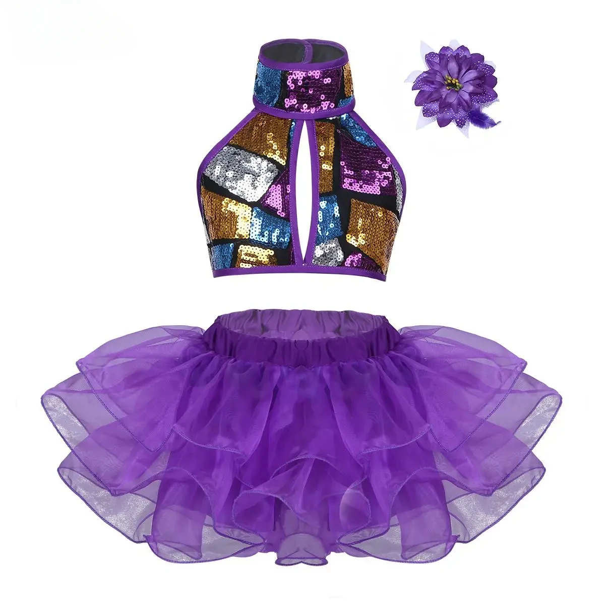 

3PCS Kids Girls Modern Jazz Ballet Latin Dance Costume Outfit for Chlidren Halter Sequins Crop Top with Tutu Skirt Hair Clip Set