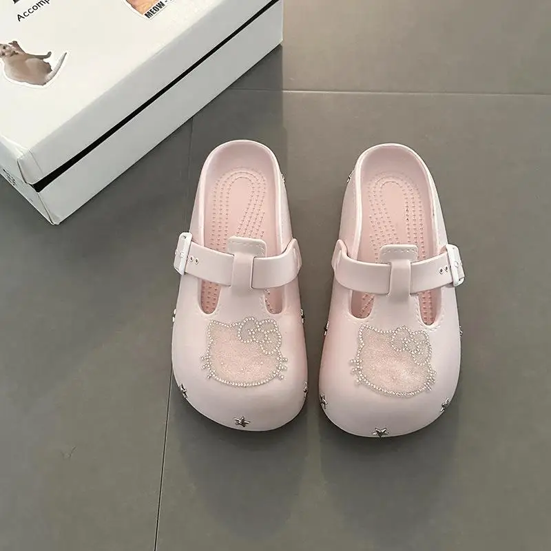 

Miniso New Shoes Kawaii Hellokitty Hot Stamping Diamond Outer Wear Height Increasing Casual Slippers Fashionable Girl Outfit