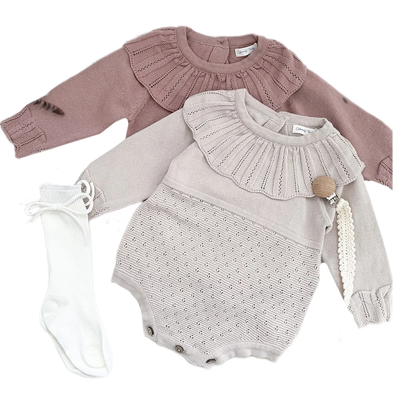 0-3Yrs Baby Girls Knitted Bodysuit Infant Newborn Long Sleeve Solid Ruffled Jumpsuit Outfit Baby Girls Spring Autumn Clothing