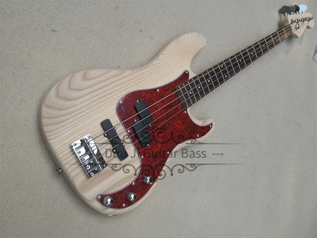 4 Strings Bass Guitar Pre Bass ASH Wood Body Without Paint Red tortoiseshell Pickguard Fixed Bridge Chrome Tuners