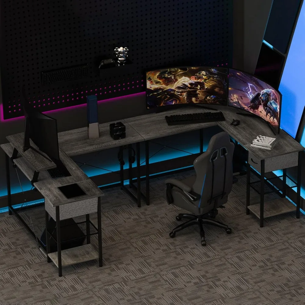 L Shaped Computer Desk with Storage Drawer, Reversible Corner Gaming Desk with Storage Shelves and Monitor Stand, Modern