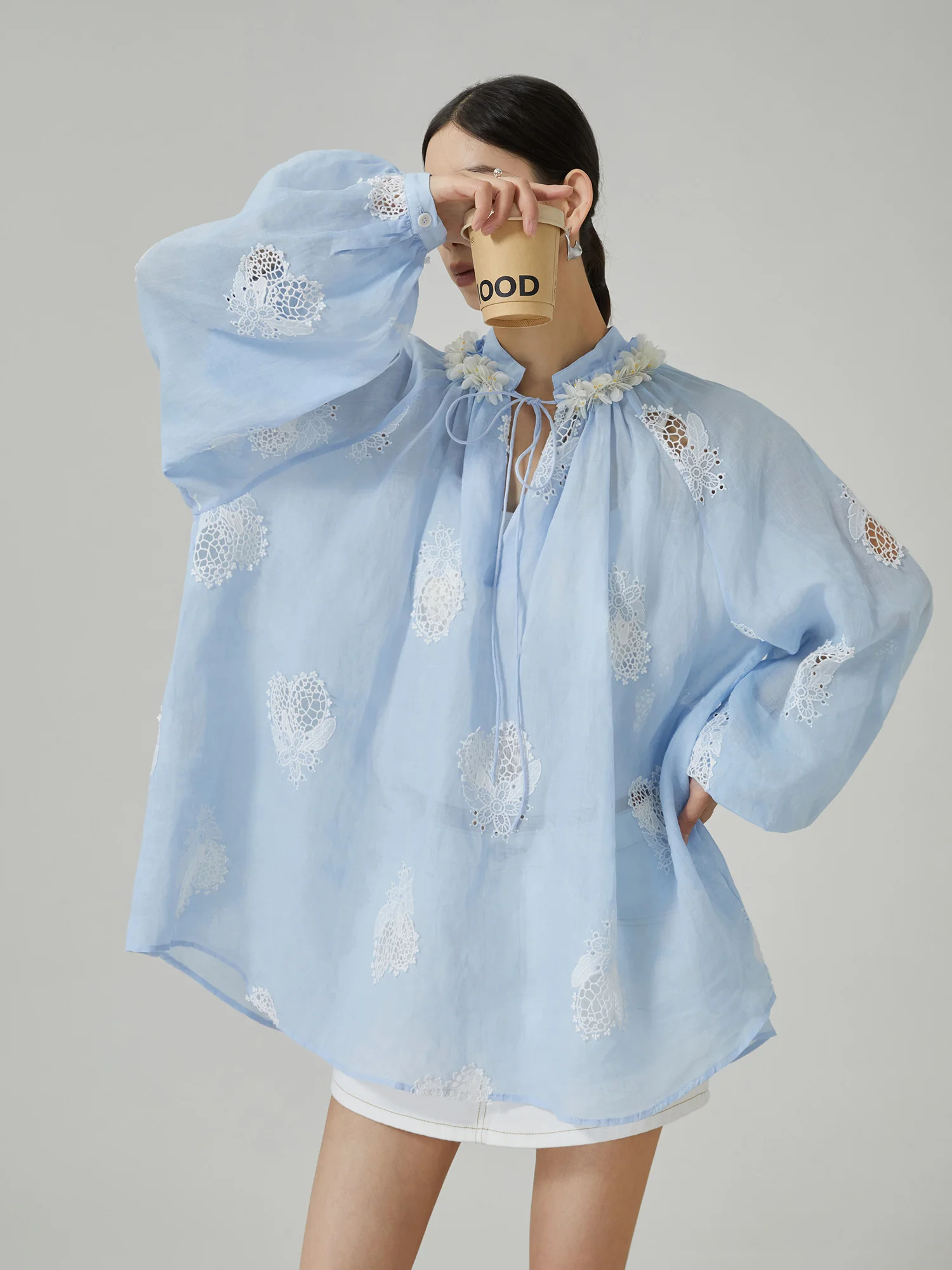 

Romantic Blue Embroidered Hollow out Long Sleeve Shirt Women's Summer New Style Gown Design Sense Top Elegant Commute Style