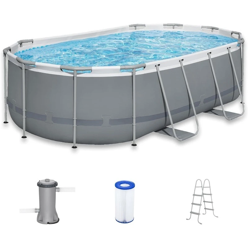 

14' x 8'2" x 39.5" Oval Above Ground Swimming Pool Set, 530 GPH Filter Pump, Ladder, Tritech Puncture Resistant Liner,Gray