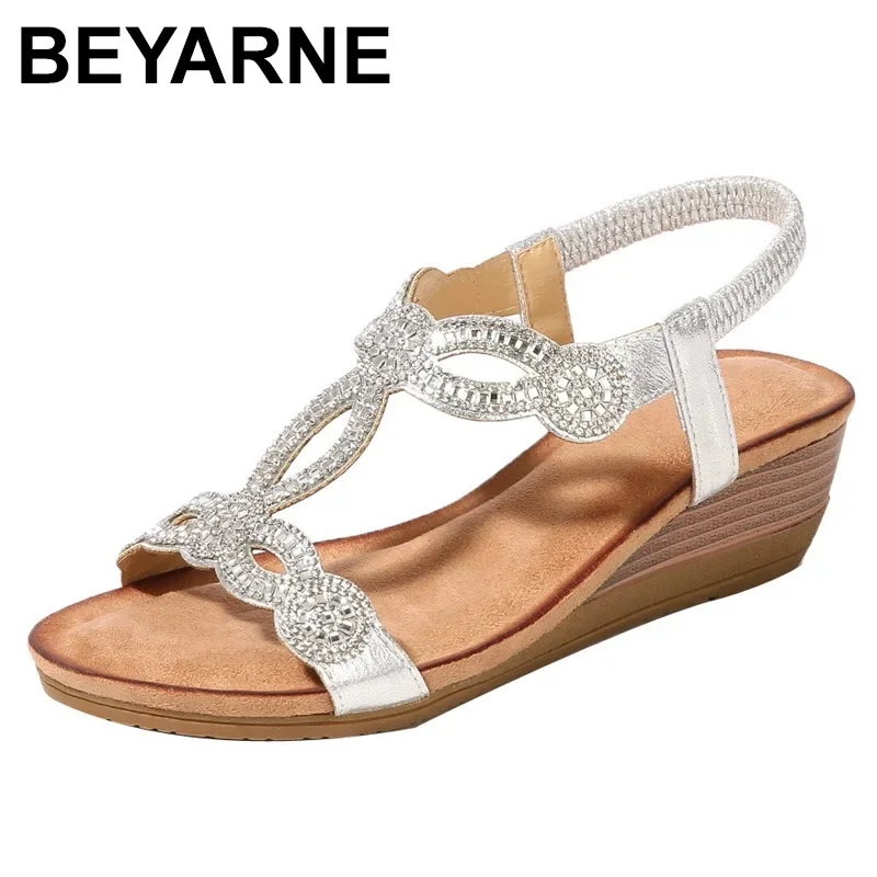 BEYARNE Women\'s Shoes Summer New Bohemia Wedge Women Sandals Rhinestone Woman Flip Flops Vintage Women Shoes BeachE627