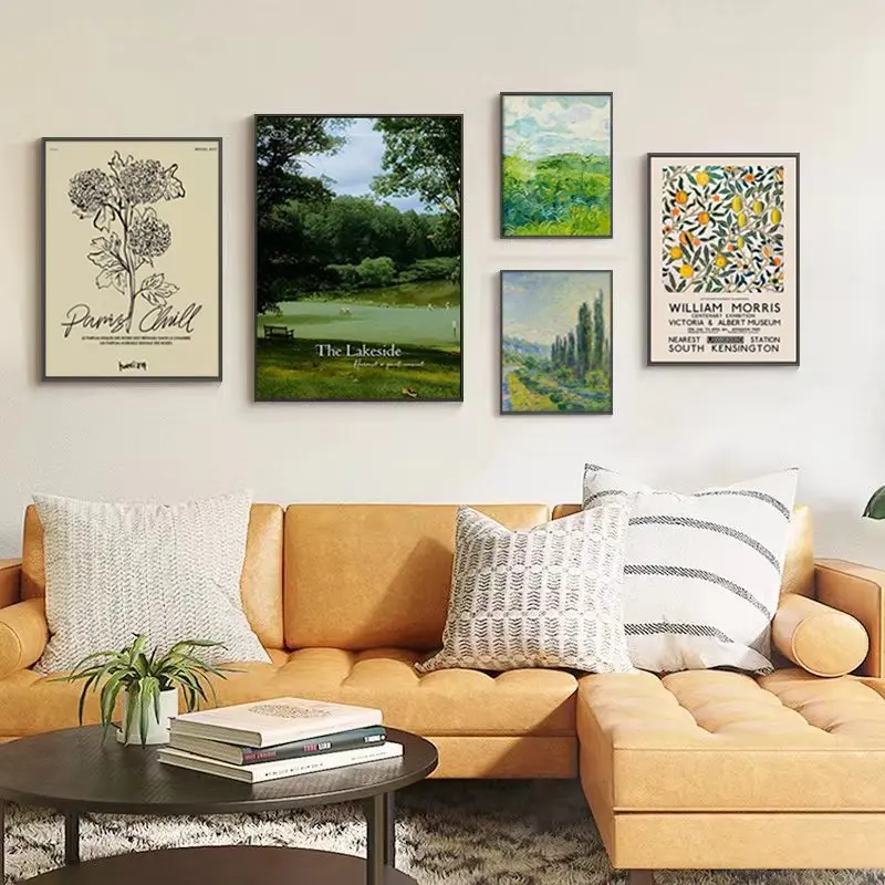 

Medieval living room decorative painting green landscape niche hanging painting retro sofa background wall canvas painting