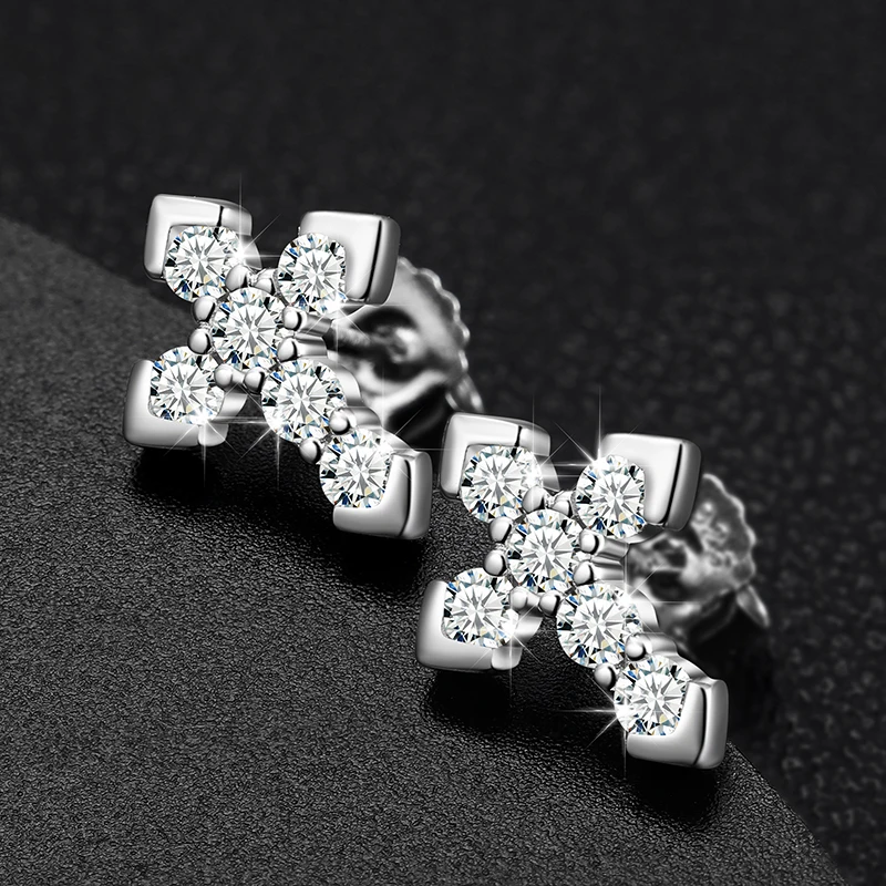2024 New Unisex Full Iced Out Moissanite Religious Cross Earring Real Silver 925 Fine Women Jewelry Christmas Gifts
