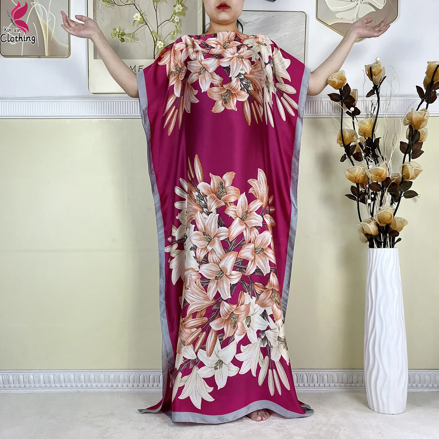 Nouvelle mode Robe d'été tissu en soie dubaï turquie caftan musulman ample Abaya femmes Dashiki africain décontracté imprimé fleuri Robe ample