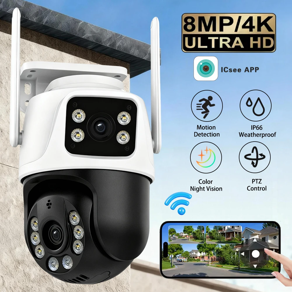 

4K 8MP HD Wi-Fi камера с ночным видением, PTZ, для улицы, с двумя экранами, обнаружением человека, двумя объективами, IP-камера для защиты и безопасности, iCSee