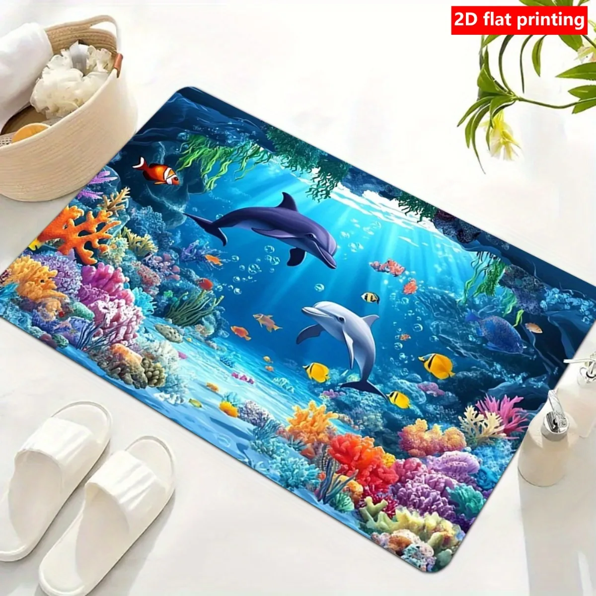 2D Flat Underwater Dolphins Coral Reef Ocean Scene Flannel Area Rug Non Slip Marine Life Carpet For Living Room Kids Room