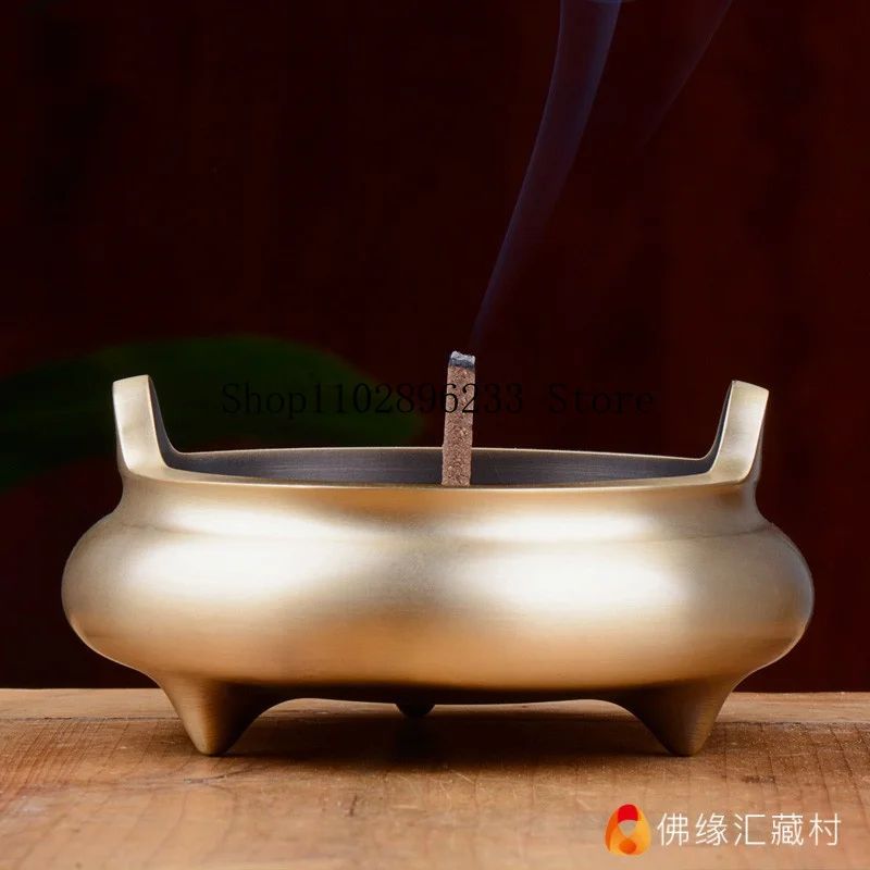 Double-eared copper incense burner with three legs, antique-style, purple copper color, for home use, indoor tea ceremony, and