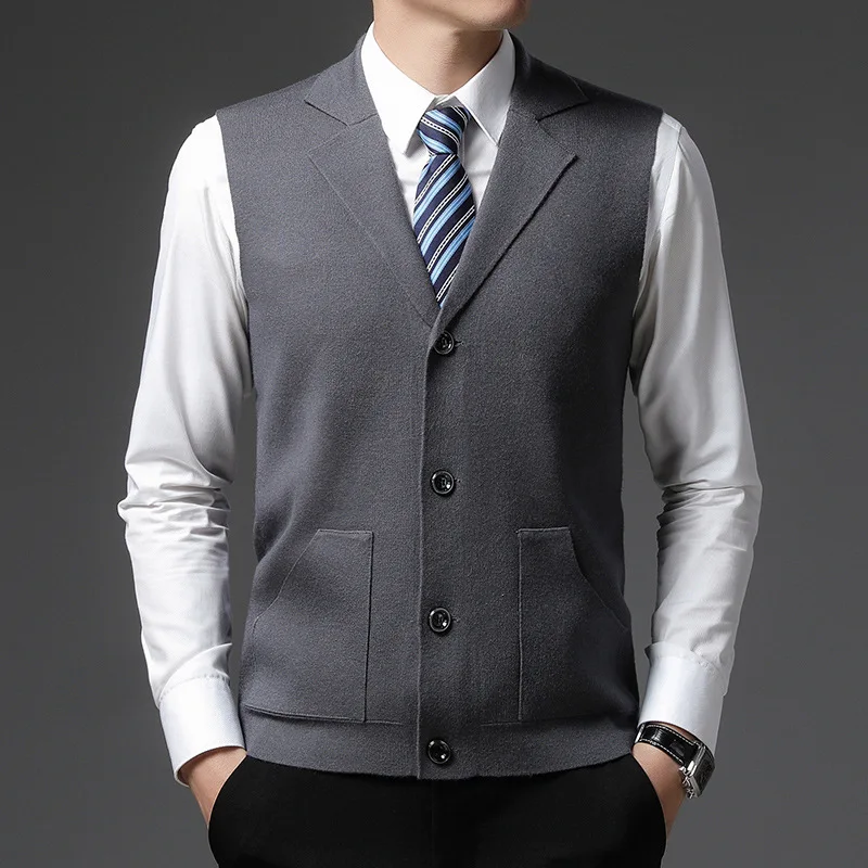 

Men's knitted waistcoat in canary middle age jacket three-dimensional pocket suit collar wool vest cardigan