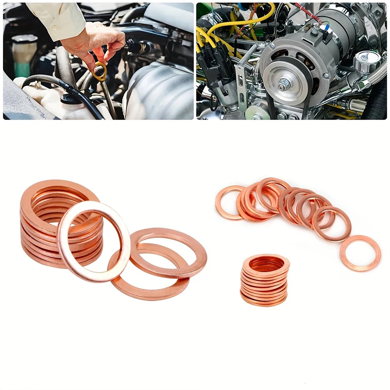 100/200pcs Copper Washer Gasket Nut And Bolt Set Flat Ring Seal Assortment Kit Tool With Box M5/M6/M8/M10/M12/M14 For Sump Plugs