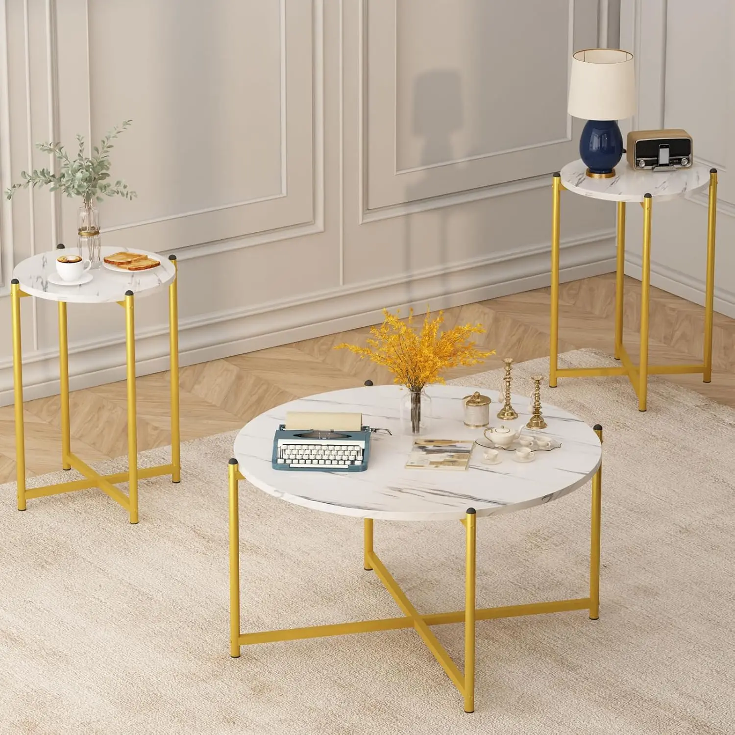

Faux Marble Round Coffee Table Set 3 pcs w/ 2 End Tables Metal Cross Base Living Room Apartment White Customized