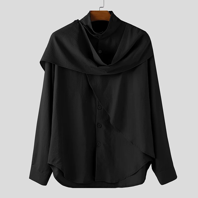 

INCERUN мужские рубашки нестандартной формы на пуговицах с длинным рукавом, однотонная мужская одежда, свободная уличная одежда в корейском стиле, модные топы, повседневная мужская рубашка