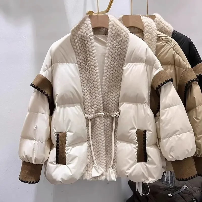 Luxury Fur Patchwork แจ็คเก็ตฤดูหนาวเสื้อผ้าผู้หญิง Parkas Warm หนาออกแบบ Vintage Harajuku เสื้อ Windproof Puffer Jacket