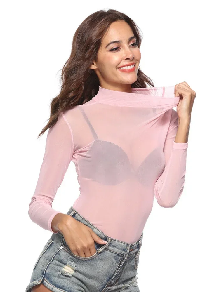 Women Sexy T-shirt Perspective Outfit Ultra-thin Mesh Elastic Top Base Undershirts Tight Fit Long Sleeved O-neck Spring Summer