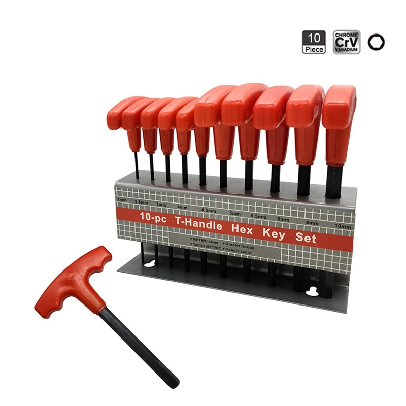 10 Piece Allen Key Set With Flat Head T-Shaped Red Handle H2-H10 Wrench Blackened Iron Frame