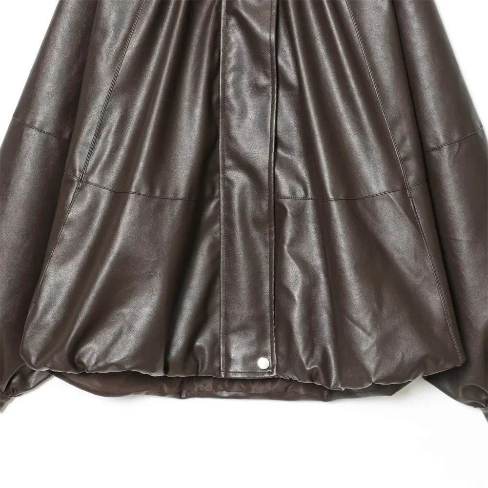 Осенний новый продукт, женская модная дизайнерская куртка с высоким воротом и длинными рукавами, пышная свободная кожаная куртка-пилот с эффектом пальто