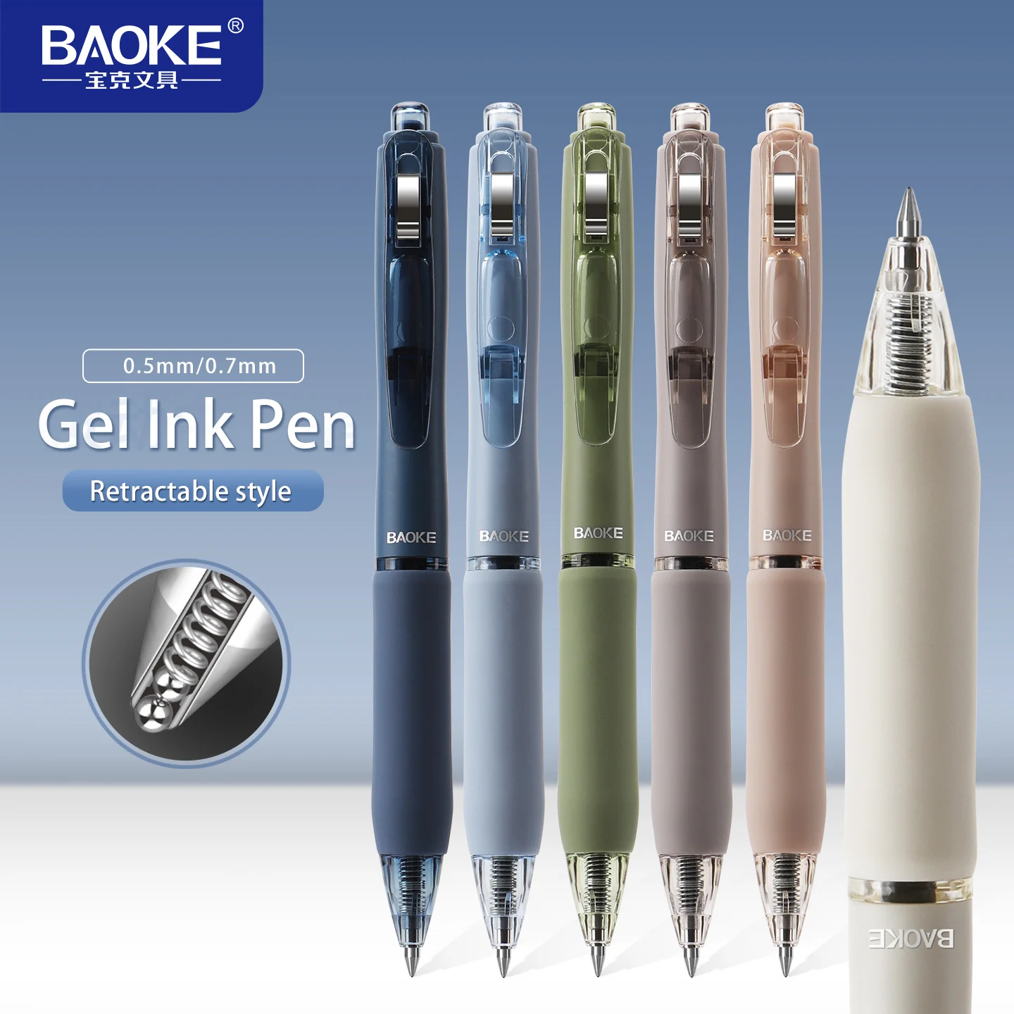 BAOKE Retractable Gel Pen Low Center of Gravity Quick Dry Black Ink 0.5mm/0.7mm 6 Barrel Colors for Office Business & School Use