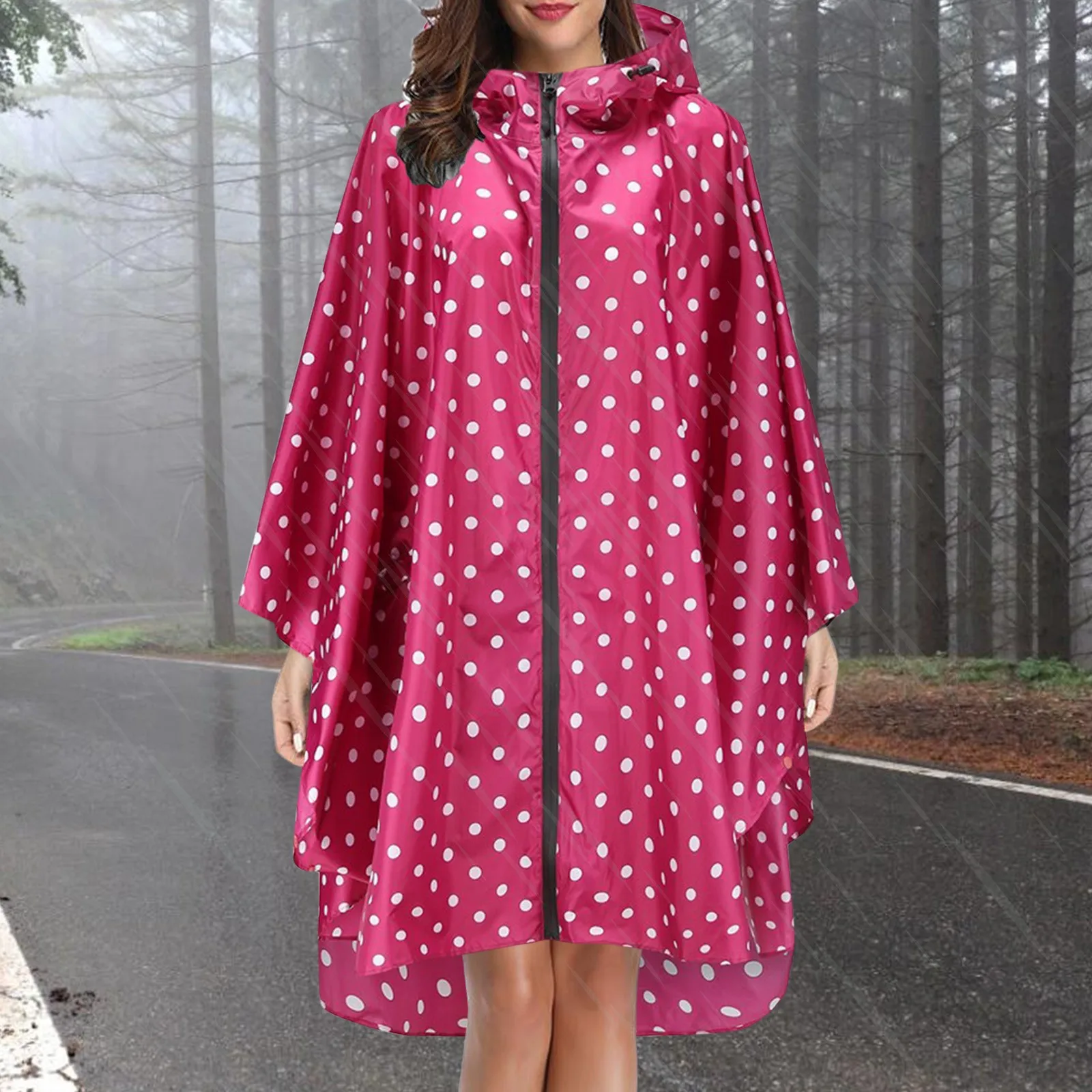 

Women Dot Print Length Walking Outerwea Waterproof Hooded Raincoat Comfort Light Poncho Outdoor Work Trekking Trenchcoat Slicker