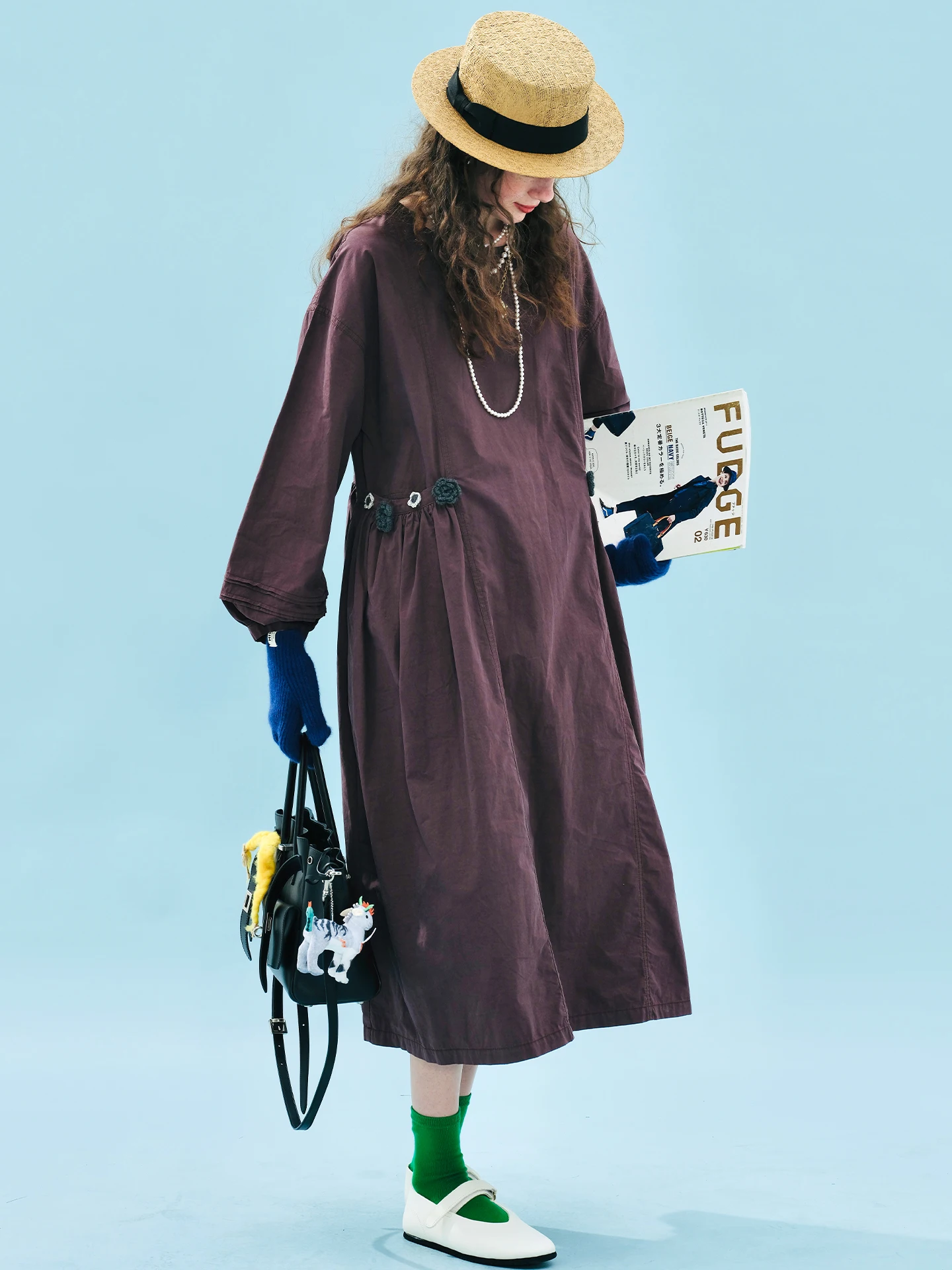 

Waed Cotton Midi Dr in Wine Red with Hand Knitted Flowers Casual Long Sve Dr for Ci Commuting by Iokoni